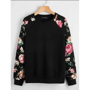 SHEIN Black Floral Raglan Sweatshirt with Pink & Green Blooms
